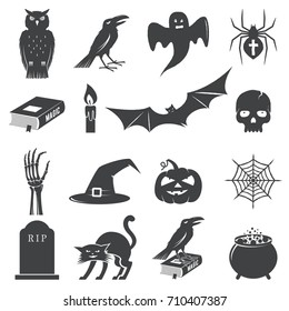 Set of Halloween icon silhouette. Vector illustration. Concept for shirt or logo, print, stamp or tee. Halloween emblems.