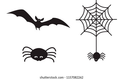 set of Halloween icon symbols, spider hanging from web, spooky vampire bat and stylized cute black spider, isolated on white background, simple flat cartoon vector illustration