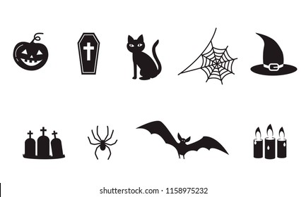 set of Halloween icon symbols, spider, web, spooky vampire bat, black cat, witch hat; coffin; tomb stone and candles isolated on white background, simple flat cartoon vector illustration collection
