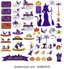 Set of halloween icons and banners on white background