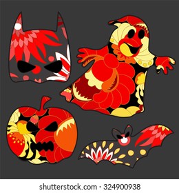Set of halloween icons with bat, ghost, pumpkin. vector illustration