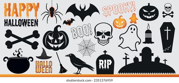 Set of Halloween icons. Black and orange halloween vector stickers. Jack-o’-lantern, skull, bones, grave, pumpkins, ghosts. Halloween celebration, Happy halloween!