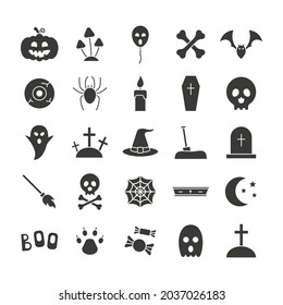 Set of Halloween icons. Black silhouettes Helloween elements collection. Vector isolated on white