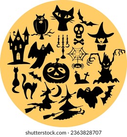 Set of halloween icons, black silhouettes in a yellow circle. . Vector illustrations, izolated on white.