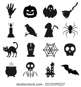 Set of halloween icons in black style. Vector illustration