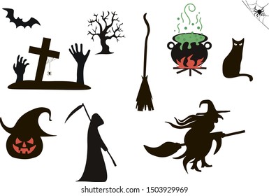 Set of halloween. Icons, black, vector. 