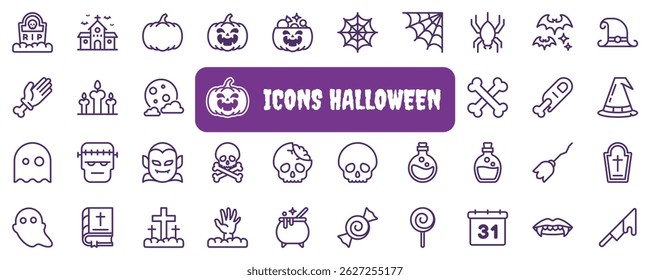 Set of Halloween icons in a clean, thin-line outline style. Includes spooky elements like pumpkins, ghosts, bats, and more. Perfect for decorations, apps, or seasonal designs.
