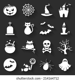 Set of halloween icons. Collection of flat symbols with long shadows. Vector illustration.