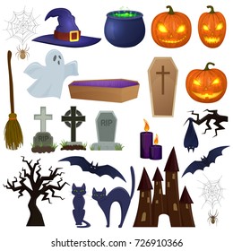 Set of Halloween icons for decoration. Colorful scary Halloween illustration. Vector