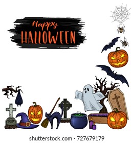 Set of Halloween icons for decoration. Colorful scary Halloween sketch illustration. Vector