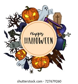 Set of Halloween icons for decoration. Colorful scary Halloween sketch illustration. Vector