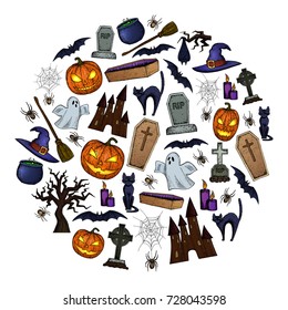 Set of Halloween icons for decoration. Colorful scary Halloween sketch illustration. Vector