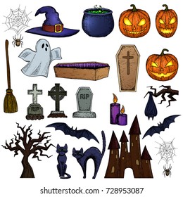 Set of Halloween icons for decoration. Colorful scary Halloween sketch illustration. Vector