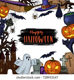 Set of Halloween icons for decoration. Colorful scary Halloween sketch illustration. Vector