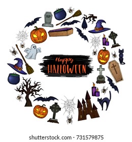Set of Halloween icons for decoration. Colorful scary Halloween sketch illustration. Vector