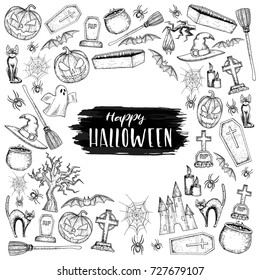 Set of Halloween icons for decoration. Scary Halloween sketch illustration. Vector