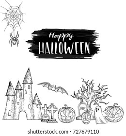 Set of Halloween icons for decoration. Scary Halloween sketch illustration. Vector