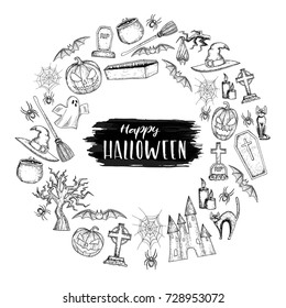 Set of Halloween icons for decoration. Scary Halloween sketch illustration. Vector