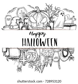 Set of Halloween icons for decoration. Scary Halloween sketch illustration. Vector
