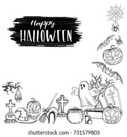 Set of Halloween icons for decoration. Scary Halloween sketch illustration. Vector