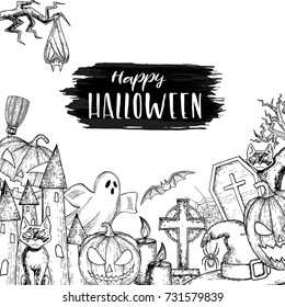 Set of Halloween icons for decoration. Scary Halloween sketch illustration. Vector