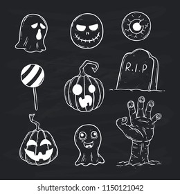 set of halloween icons with doodle style on chalkboard background