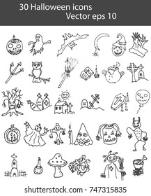 Set of Halloween icons doodle. Vector eps 10.