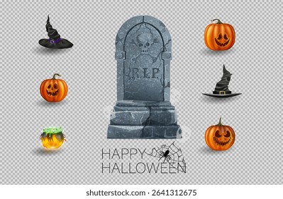 A set of Halloween icons featuring pumpkins, skulls, witch hats and creepy Halloween decorations on a purple background.