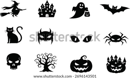 A set of Halloween icons featuring a witch on a broom, a ghost, a pumpkin, a bat, a cat, a mask, an eye, a spider, a skull, a tree and a castle. Isolated background.