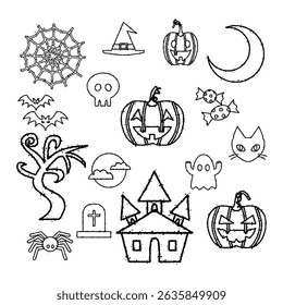 Set of Halloween icons, hand drawn style, vector illustration.