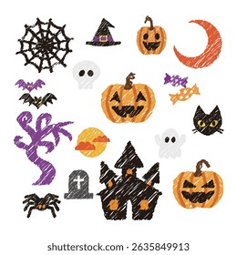 Set of Halloween icons, hand drawn style, vector illustration.
