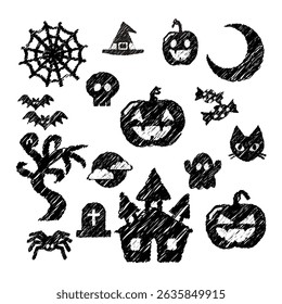 Set of Halloween icons, hand drawn style, vector illustration.