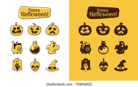 Set of halloween icons. Holiday pictograms collection of pumpkin, ghost, magic hat, pot, potion, skull, zombie.