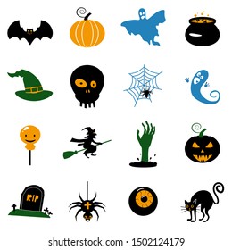 Set Halloween icons and illustrations colorful pumpkins bat, owl, ghost, pot, moons, hat, gravestones, scary tree, cat, eye, spider. Vector Isolated on white background