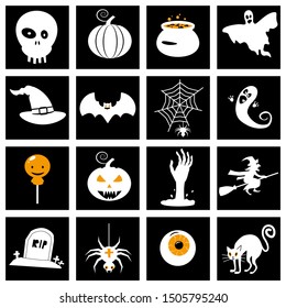 Set Halloween icons and illustrations colorful pumpkins bat, owl, ghost, pot, moons, hat, gravestones, scary tree, cat, eye, spider. Vector Isolated on white background