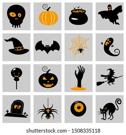 Set Halloween icons and illustrations colorful pumpkins bat, owl, ghost, pot, moons, hat, gravestones, scary tree, cat, eye, spider. Vector Isolated on white background