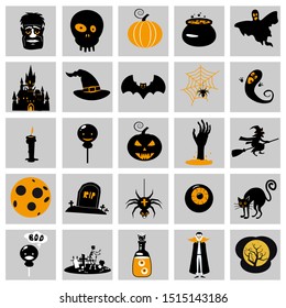Set Halloween icons and illustrations colorful pumpkins bat, owl, ghost, pot, moons, hat, gravestones, scary tree, cat, eye, spider. Vector Isolated on white background