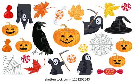 Set of Halloween icons isolated on white background. Collection of vector bright illustrations in cartoon flat style. Spider web, ghosts, pumpkin Jack, black raven, candy, autumn leaves
