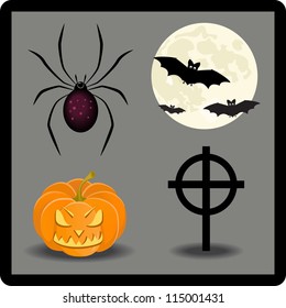 Set of Halloween icons: jack-o'-lantern, bats, spider and cross