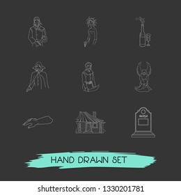 Set of halloween icons line style symbols with angel statuette, vampire, medusa and other icons for your web mobile app logo design.