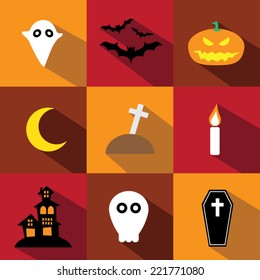 Set of Halloween icons with long shadow in colorful background.