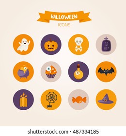 Set of Halloween icons on colorful circles. Pumpkin, candy, sweet cake, scary ghost. For scrapbook or web elements. 