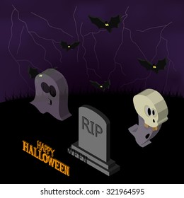 Set of halloween icons on a landscape with a moon