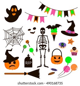 Set of Halloween Icons on White Background. Halloween symbols. Vector illustration.