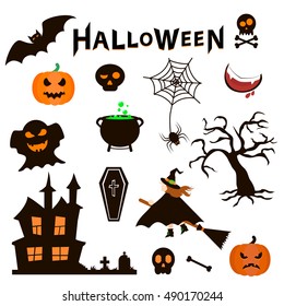 Set of Halloween Icons on White Background. Halloween symbols. Vector illustration.