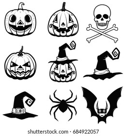 Set of halloween icons. halloween pumpkin, bats, spider, witch hat, skull with bones Design elements for poster, greeting cards. Vector illustration