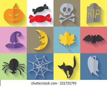 Set of halloween icons - pumpkin, candies, bat, cat, headstone, ghost, spider, moon, hat, crossbones, web. Flat style.