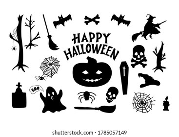 Set of Halloween icons. Pumpkin, witch, broom, grave, skull, bones, ghost, spider, coffin, bat, web, candle, try trees As poster home decor print decoration of party invitation greeting card