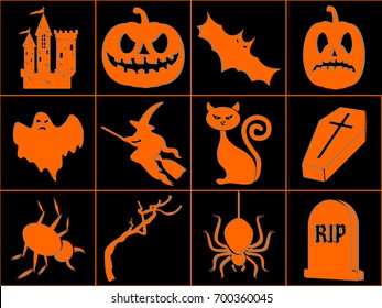 Set of Halloween icons. Pumpkin, Witch, Castle, Cat,  Flying Bat, Bug, Tree, Spider, Grave, Coffin and Ghost symbols