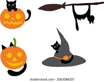 Set of halloween icons with pumpkins and cats